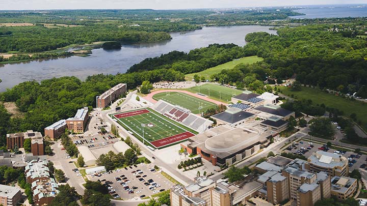 bird's eye view from the sky of central campus, mcmaster university